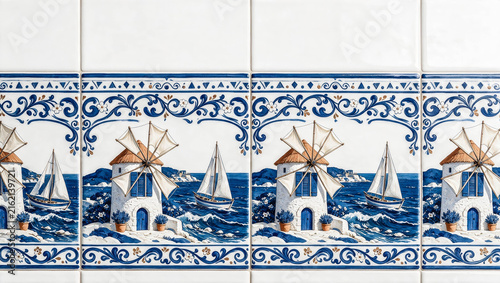 Blue and white tiles depict coastal windmills and sailing ships. Decorative borders frame the seaside scene with elegance. Each tile shows motion, suggesting wind and sea activity