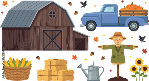Foto Autumn Farm and Harvest Vector Element Set Featuring Wooden Barn, Vintage Pickup