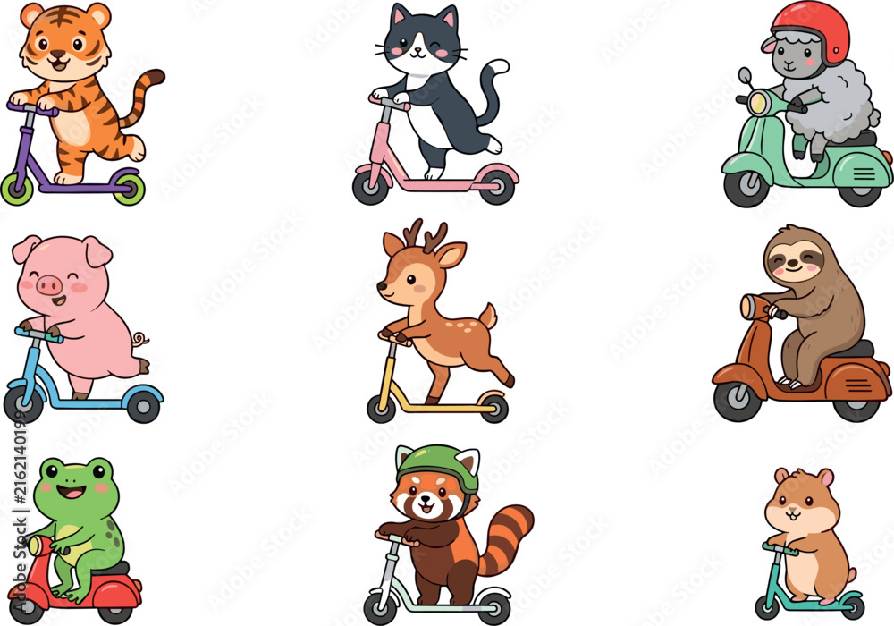 Naklejka premium Cute Kawaii Animals Riding Kick Scooters and Motorbikes Vector Illustration Set Featuring Tiger Cat Sheep Pig Deer Sloth Frog Panda and Hamster Characters
