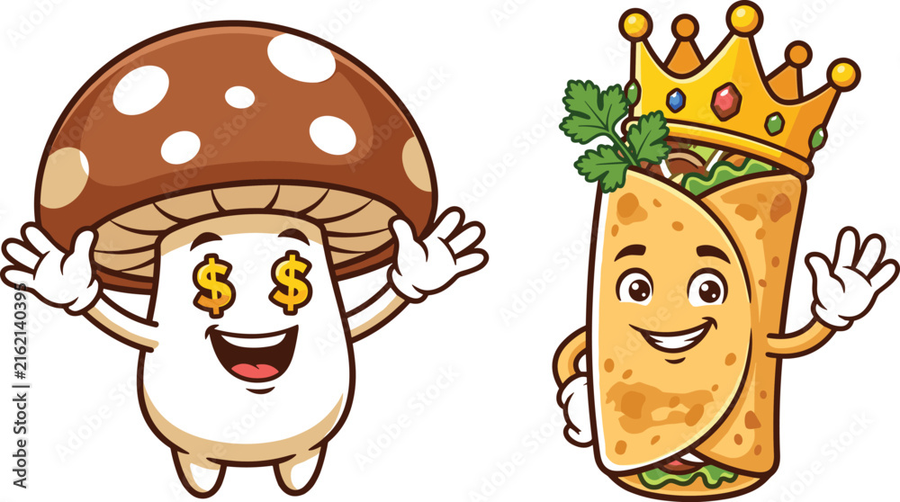 Fototapeta premium Cute Fast Food Mascot Vector Set Featuring Rich Mushroom Character with Dollar Eyes and Smiling Burrito King Wearing a Golden Royal Crown for Restaurant Branding Designs