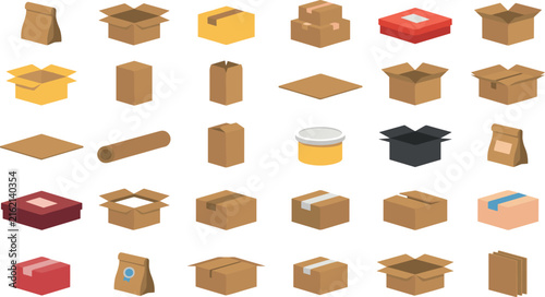 Cardboard Box and Delivery Packaging Vector Icon Set with Open Closed Sealed Cartons Tubes and Paper Bags for Logistics Courier and Shipping Designs