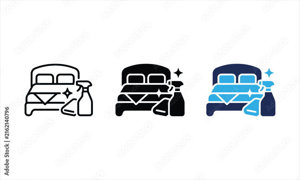 Obraz premium Bedroom cleaning icons vector set bed spray bottle sparkles.