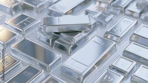 Highly Polished Metal Bars and Ingots Arranged Aesthetically on a Reflective Surface for High-Quality Stock Photography and Visual Assets