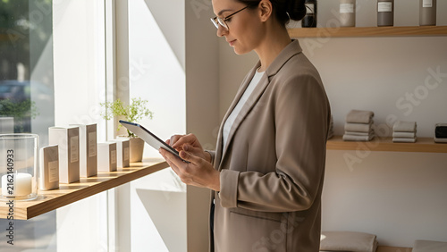 Business Woman Using Tablet to Manage Retail Shop