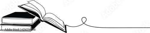 Stack of books with one open book and a continuous line drawing reading knowledge