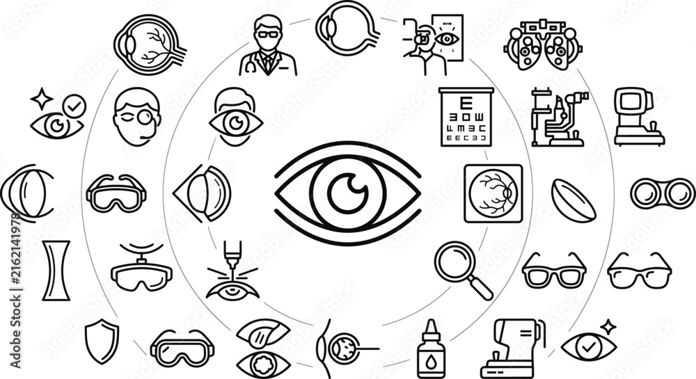 Fototapeta premium Eye Care and Ophthalmology Line Icon Set with Editable Stroke Vector Collection for Vision Testing Optical Clinic Eyewear and Medical Examination