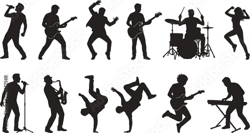 Music band members and dancers collection pack vector illustration with singers guitarists drummer saxophonist keyboard player breakdancers performers