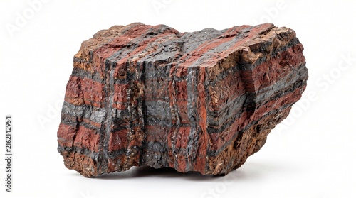 A realistic collection of iron ore materials featuring hematite, magnetite, banded iron formation, oxidized ore, crushed fragments, iron ore concentrate, and pellets. Isolated on a clean white backgro