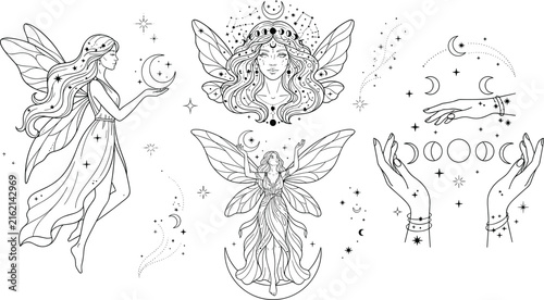 Canvas Print Mystical Celestial Fairy and Moon Phase Tattoo Set with Magic Goddess Hands Cons