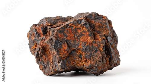 A realistic collection of iron ore materials featuring hematite, magnetite, banded iron formation, oxidized ore, crushed fragments, iron ore concentrate, and pellets. Isolated on a clean white backgro
