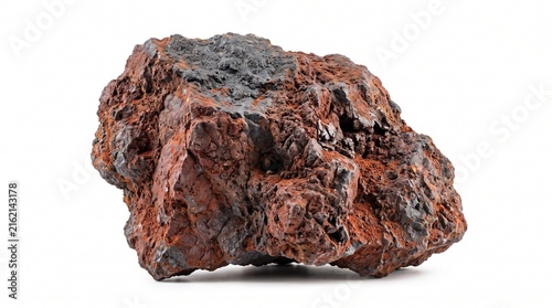 A realistic collection of iron ore materials featuring hematite, magnetite, banded iron formation, oxidized ore, crushed fragments, iron ore concentrate, and pellets. Isolated on a clean white backgro
