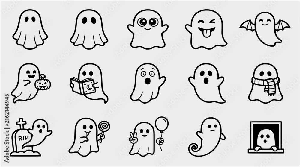 Fototapeta premium A set of cute ghost illustrations in a minimalist line art style