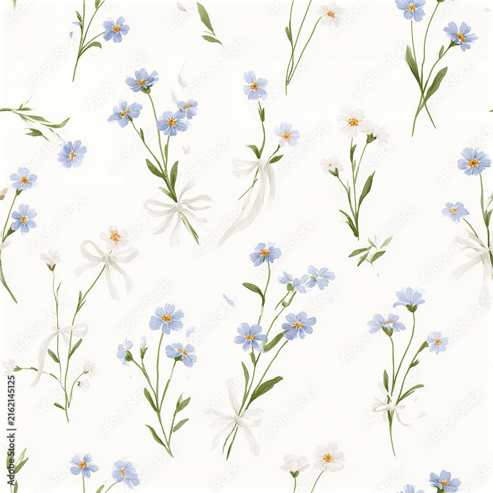 Fototapeta premium Delicate blue and white wildflower bouquets tied with soft white ribbons create charming and peaceful floral pattern light