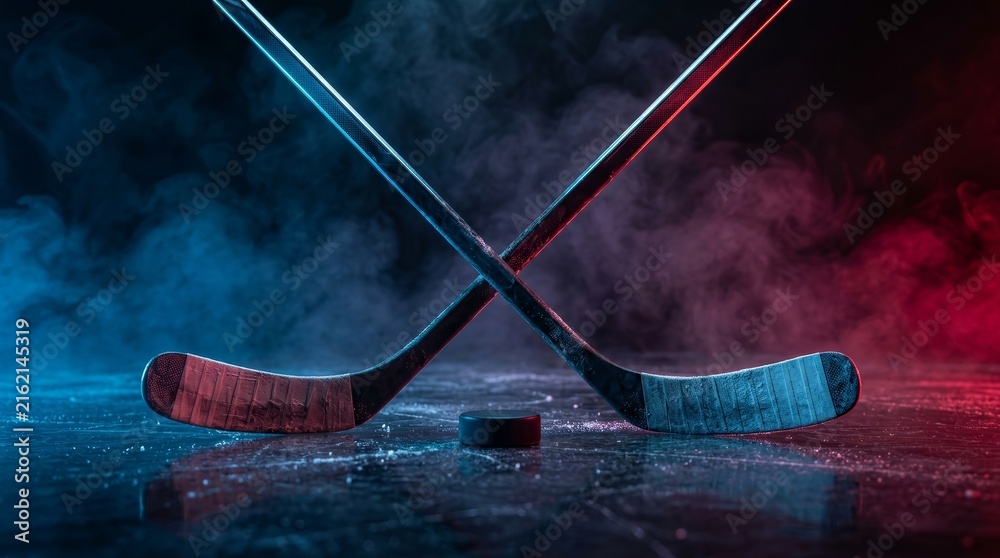 Fototapeta premium Ice hockey sticks crossed with a puck amidst smoke and colorful neon blue and red light.