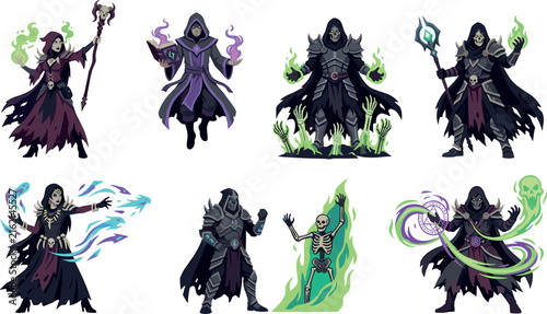 Bild auf Leinwand Fantasy Necromancer Character Vector Set with Dark Mages Warlock Sorcerers and L