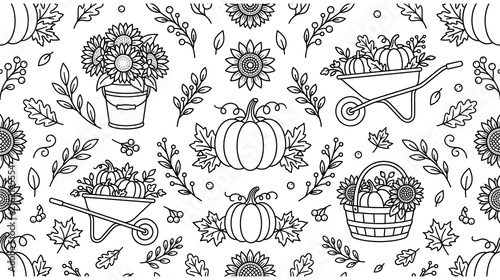 Autumn harvest pattern with sunflowers pumpkins and garden wheelbarrows line art design.