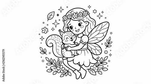 Cute fairy girl hugging a little squirrel for kids coloring page