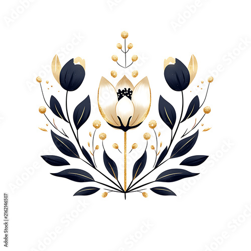 Decorative floral arrangement with blooming flowers and natural foliage