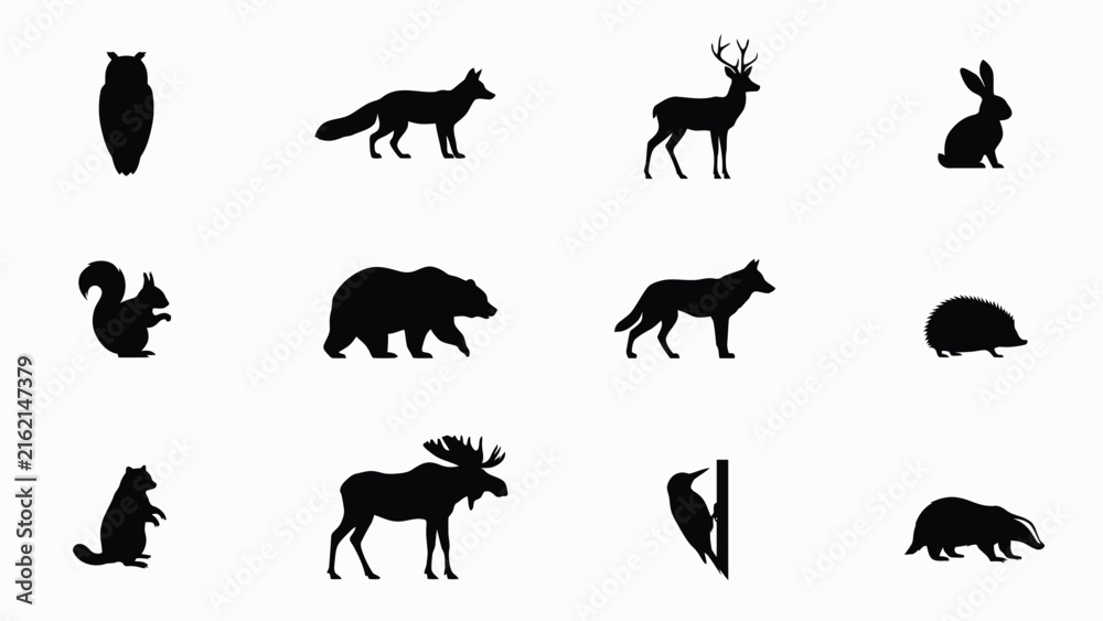 Obraz premium Collection of black animal silhouettes on white background with silhouettes including mammals mammals bird arranged arranged three rows