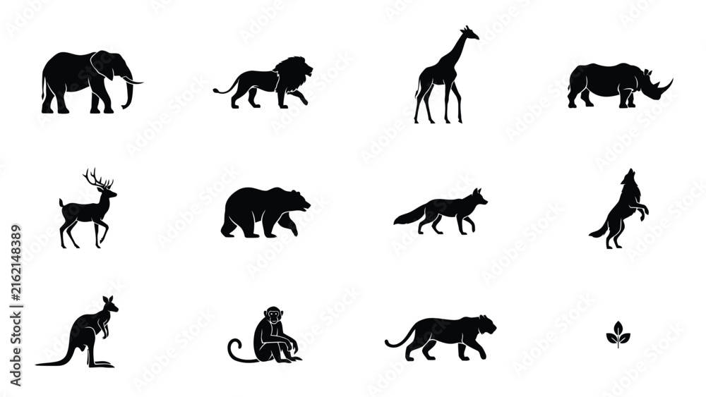 Fototapeta premium Black silhouettes of various wild animals on white background with animals including elephant lion giraffe rhinoceros rhinoceros deer bear