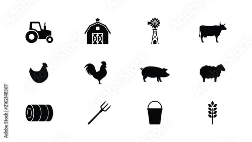 Farm icons and symbols in black silhouette with collection black farm related icons white background hay bale agriculture with countryside