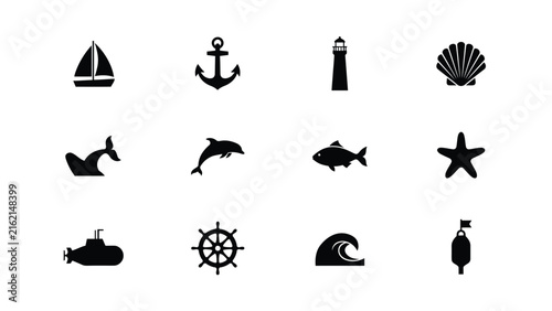 Nautical icons with background including sailboat sailboat anchor lighthouse displays collection black white background steering wheel
