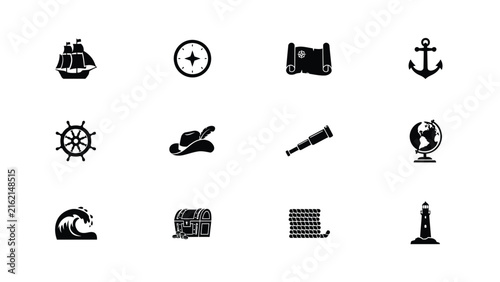 Nautical symbols with collection 12 black nautical icons white background background including ship ship compass anchor treasure chest