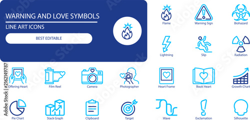 Warning and love symbols icon set. Monochrome vector illustration of danger, biohazard, heart, camera and growth symbols for web and app design.