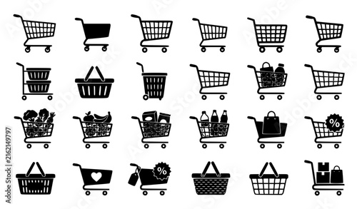 Obraz na plátně Shopping Cart and Grocery Basket Flat Vector Icons Set for E Commerce and Retail