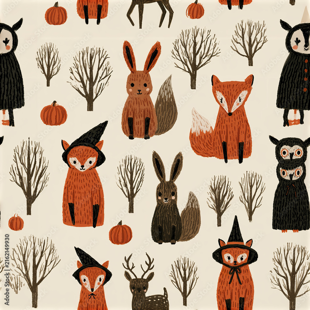 Naklejka premium Minimalist woodland Halloween pattern with foxes, rabbits, owls, deer, pumpkins, and bare trees in warm autumn colors