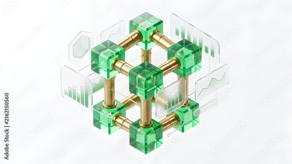 Obraz premium 3D Crystalline Emerald Cubes with Brass Connections
