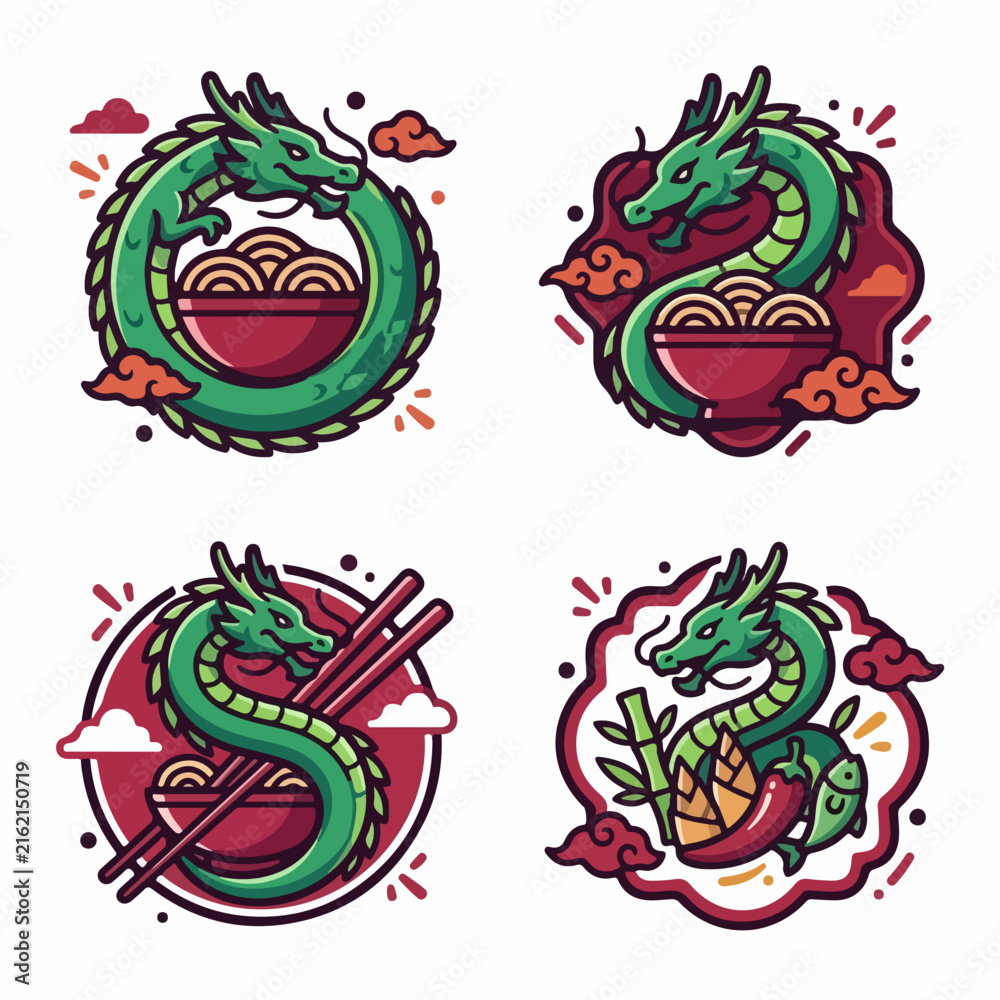 Obraz premium Colorful Dragon Illustrations with Asian Food Elements.