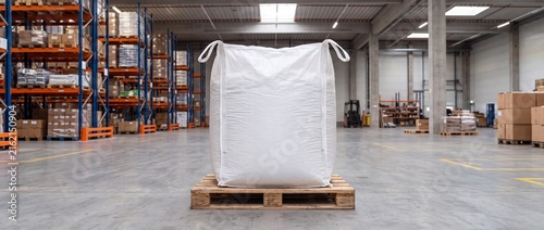 Large white flexible intermediate bulk container bag sits on wooden pallet amidst rows of metal warehouse shelving within storage facility