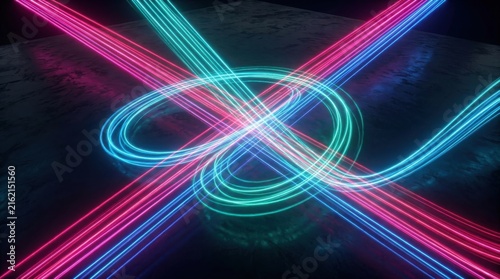 Abstract background, with glowing neon, pink and cyan, light trails forming, an infinity loop, shape on a, dark textured concrete, surface floor