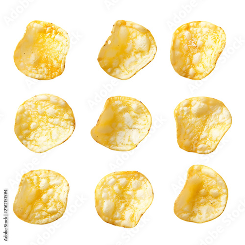 Neatly arranged crispy salted potato chips