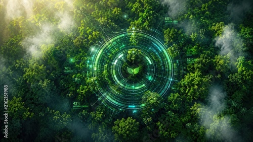 An aerial view of a lush green forest with a futuristic circular holographic interface displaying environmental data and leaf for sustainability