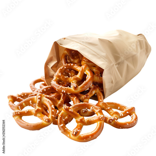Salted pretzel twists spilling from glossy snack bag