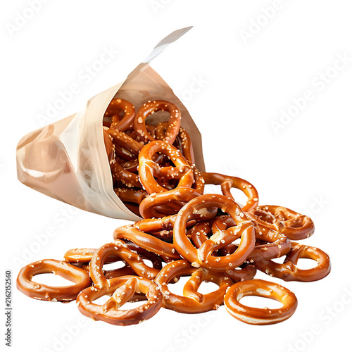 Glossy snack bag spilling salted pretzel twists