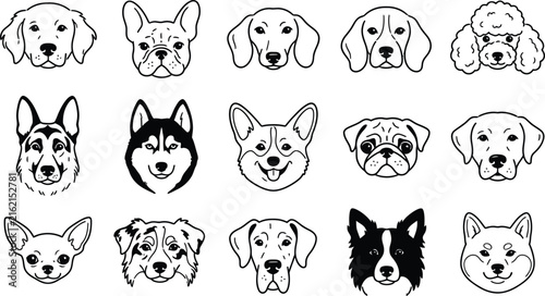 Collection of various dog breeds sketched in a simple black and white style
