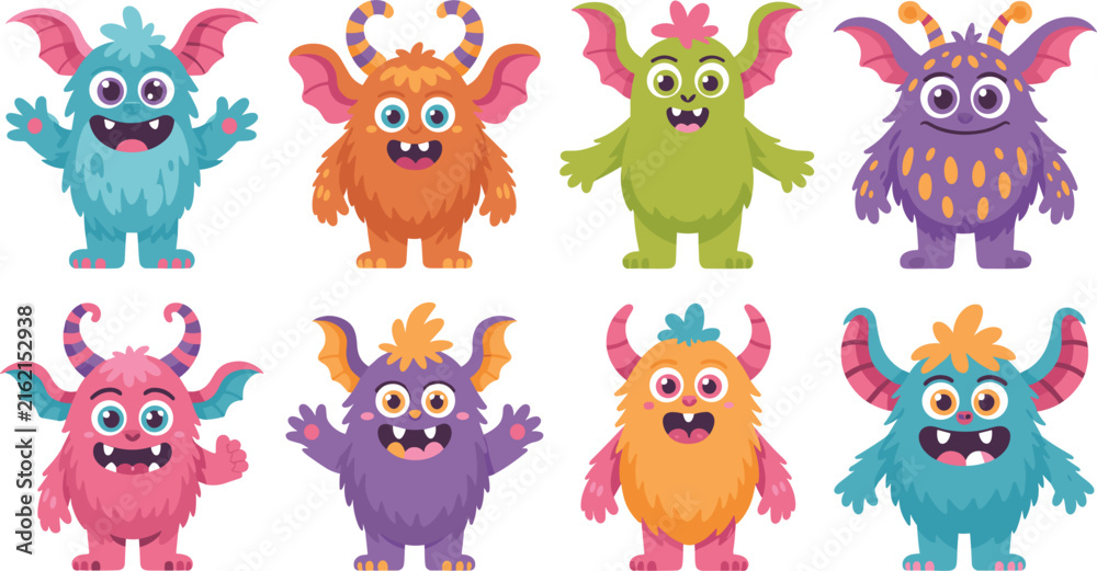 Obraz premium Cute Cartoon Monster Character Vector Bundle Featuring Colorful Friendly Furry Creatures with Wings and Horns for Halloween Party Invitations and Kids Graphic Designs