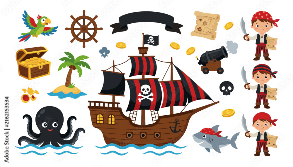 Fototapeta premium Cute pirate adventure vector set with ship boy characters treasure chest cannon map shark parrot and octopus sea animals