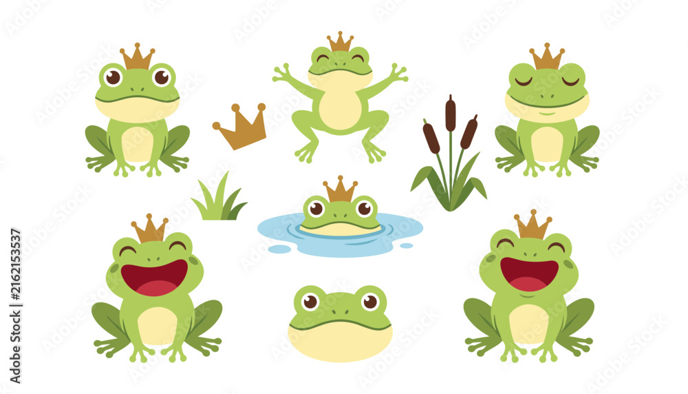 Fototapeta premium Cute frog prince character vector set featuring cartoon green frogs wearing golden crowns in a pond with cattails