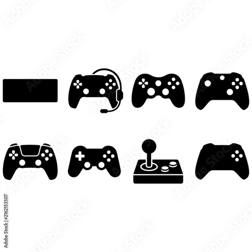 Set of black video game controller icons and classic gaming joystick symbols for user interface