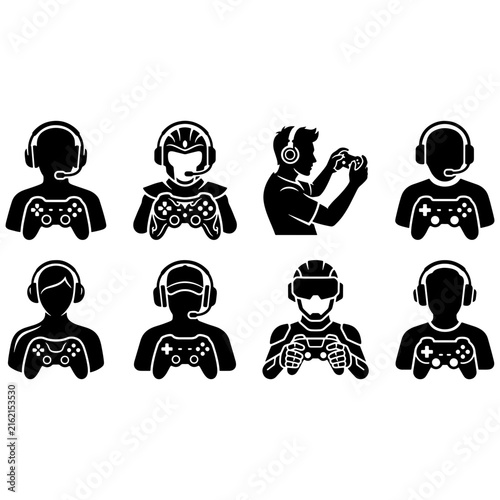 Set of black gamer avatar icons with headsets and game controllers for video game players