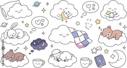 Foto Cute Kawaii Bedtime and Sweet Dreams Sticker Set with Sleeping Cartoon Animals B