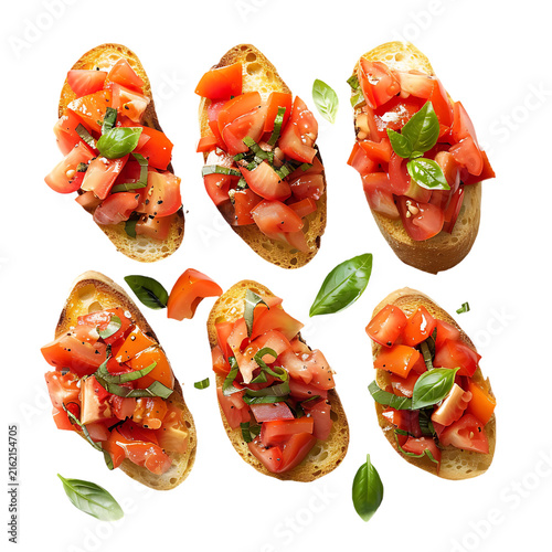 Neatly arranged rows of tomato bruschetta crostini
