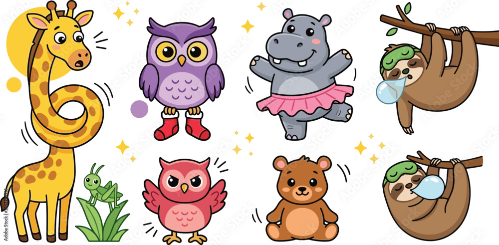 Naklejka premium Cute Cartoon Animal Character Collection Featuring Giraffe, Owl, Hippopotamus, Sloth, Bear, and Funny Wildlife Vector Illustrations for Kids