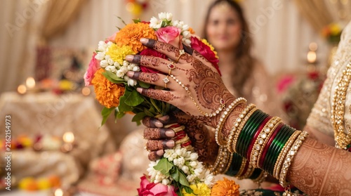 Mehndi Hands Holding Marigold Flowers for Puja Offering – Hartalika Teej Hindu Festival Devotion Close Up