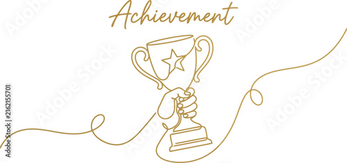 Achievement word with trophy line art. Gold continuous line drawing of a winning cup.