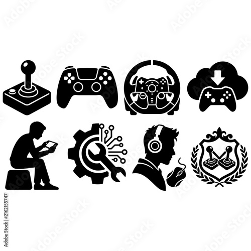Set of black icons showing video game controllers and gaming gear for digital entertainment